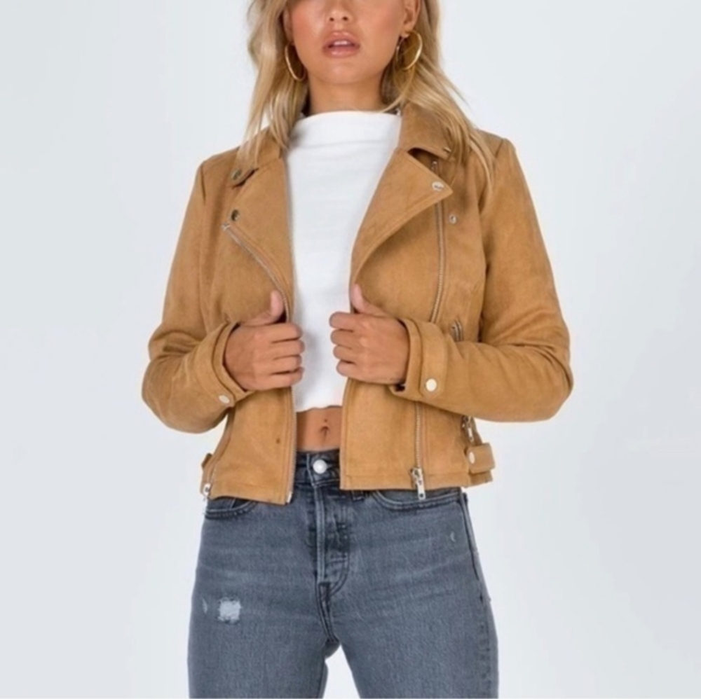 Princess Polly Danne Faux Suede Jacket Tan Women Size 8 Tan